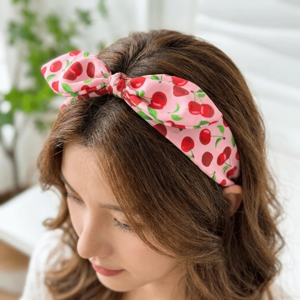 Elegant Multicolor Cherry Printed Headband Sweet Knotted Rabbit Ear Hairband Soft Bow Wide Edge Hair Hoop Makeup Use
