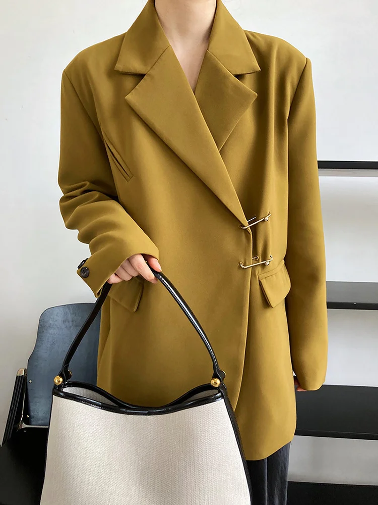 [Modx] feminino amarelo bege em forma de tamanho grande blazer nova lapela manga longa solto ajuste jaqueta moda primavera outono 2024