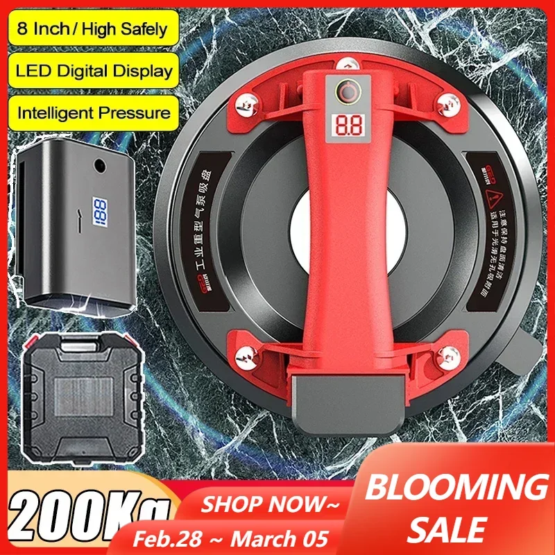 8 Zoll 200 kg Last schwerer elektrischer Vakuum-Saugnapf-Heber, Glasfliesen-Saugnäpfe, industrielle Luftpumpe mit 2 x 2400 mAh Akku-Set