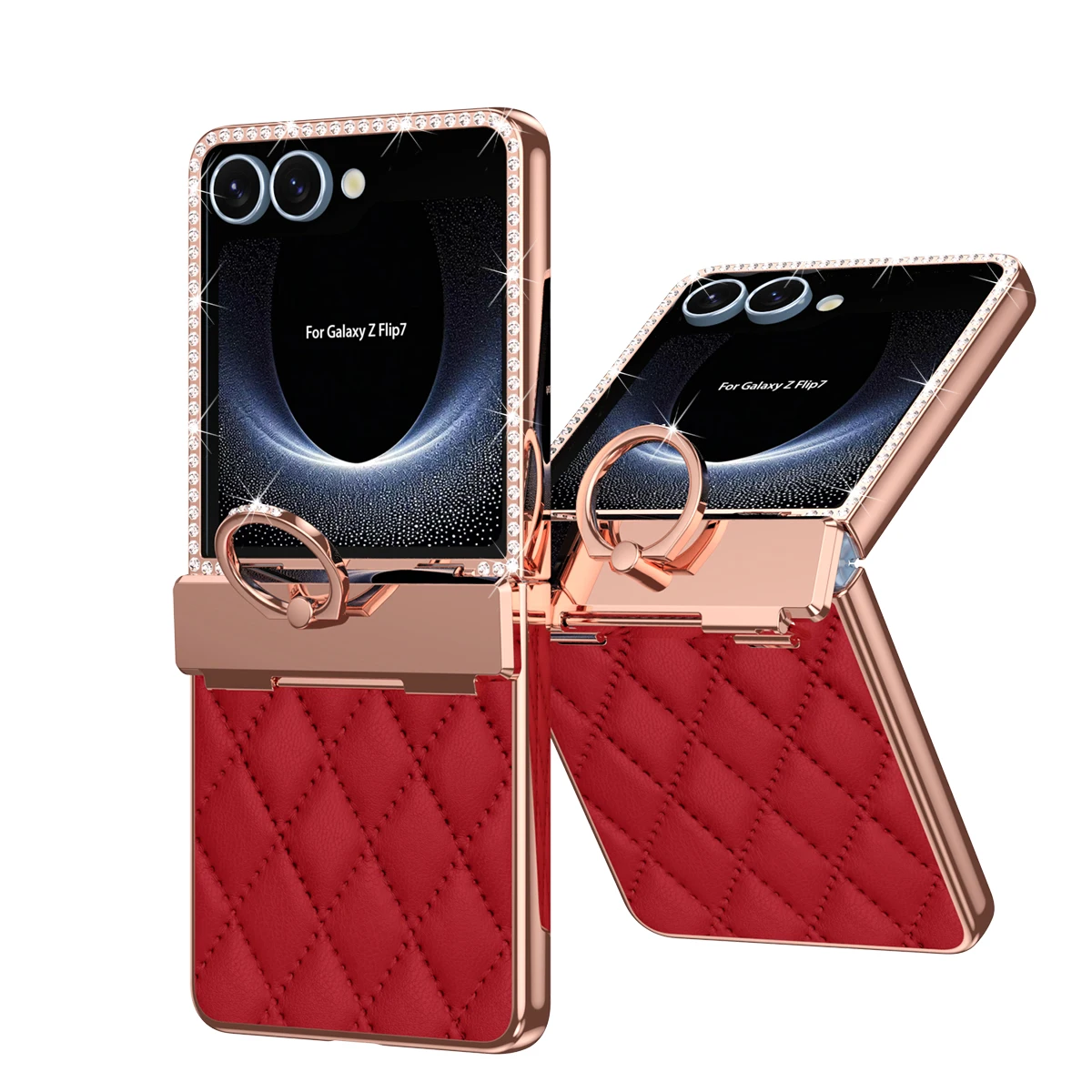 

Luxury Flash Diamond Plain Leather For Samsung Galaxy Z Flip 7 Case Fold Hinge Rotating Ring Bracket Cover Optional Mirror Film