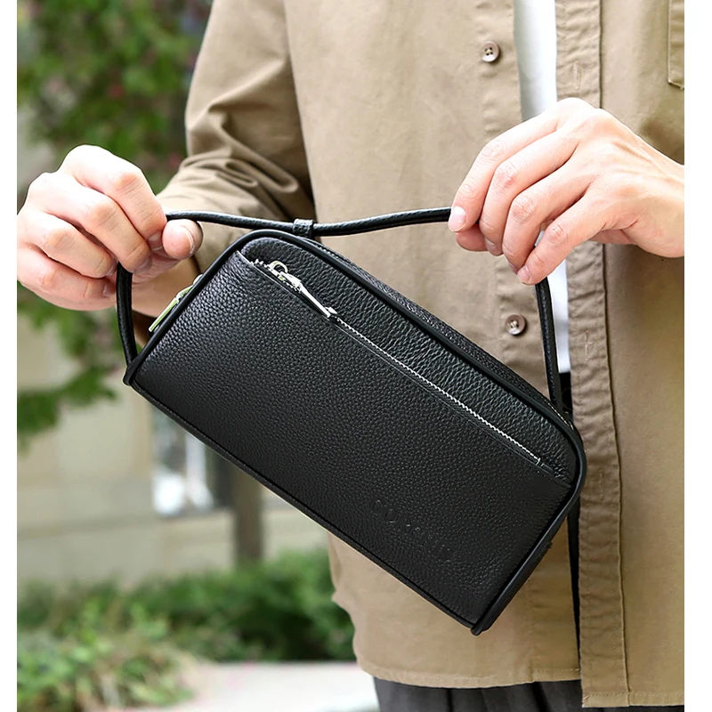 Mens bag top layer cowhide Men's clutch bag Genuine leathe handbag 12-card double zipper coin wallet Wrist Bag high end bag