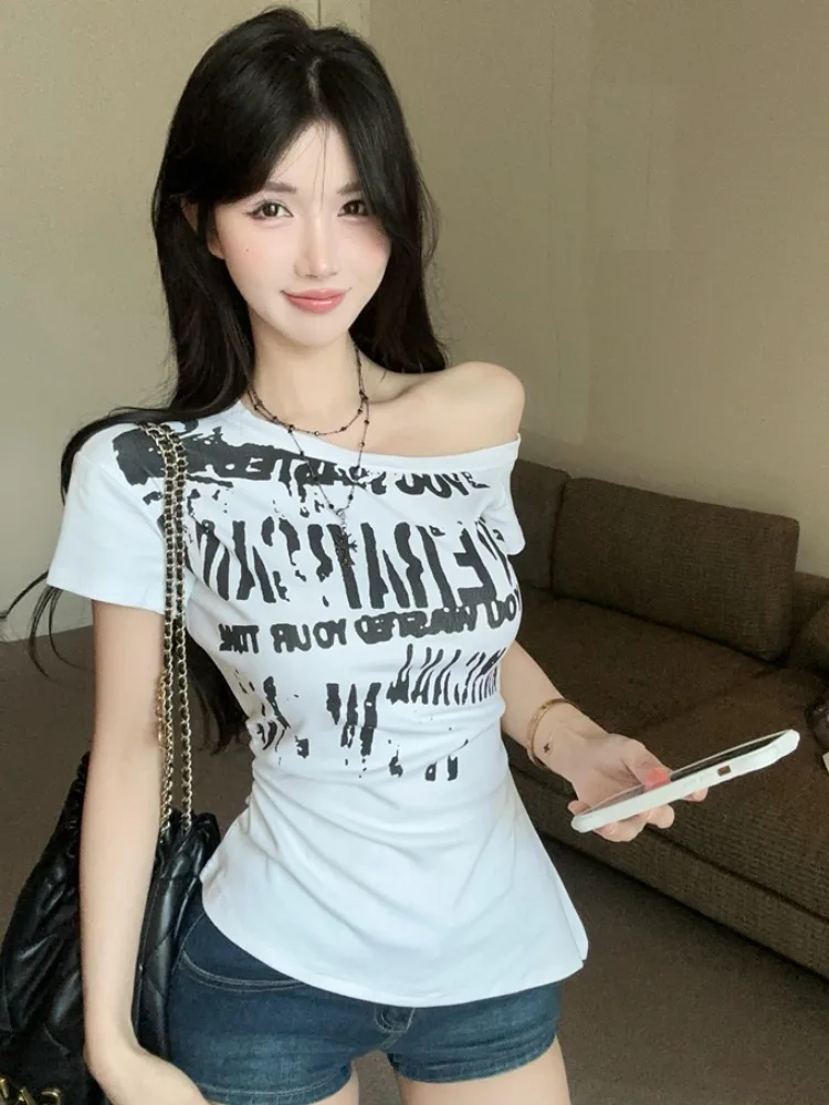 

Summer Slim Fit Short Sleeve T-Shirt Women's Stylish Hot Girl White Print Casual Top Korean Style Commute Fashion Pear Body Type