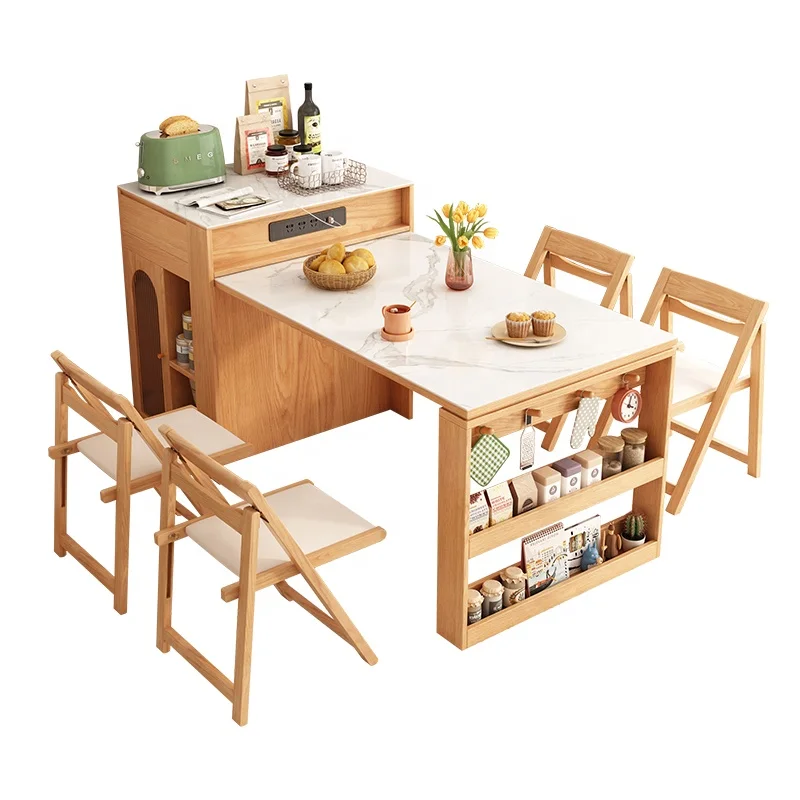Rock slab island table folding chair attached table small household kitchen bar storage cabinet retractable dining table