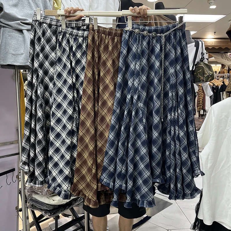 

Весенне-осенняя юбка трапециевидной формы, женская хлопковая клетчатая юбка с высокой талией в клетку длиной до пола, с деревянными рюшами