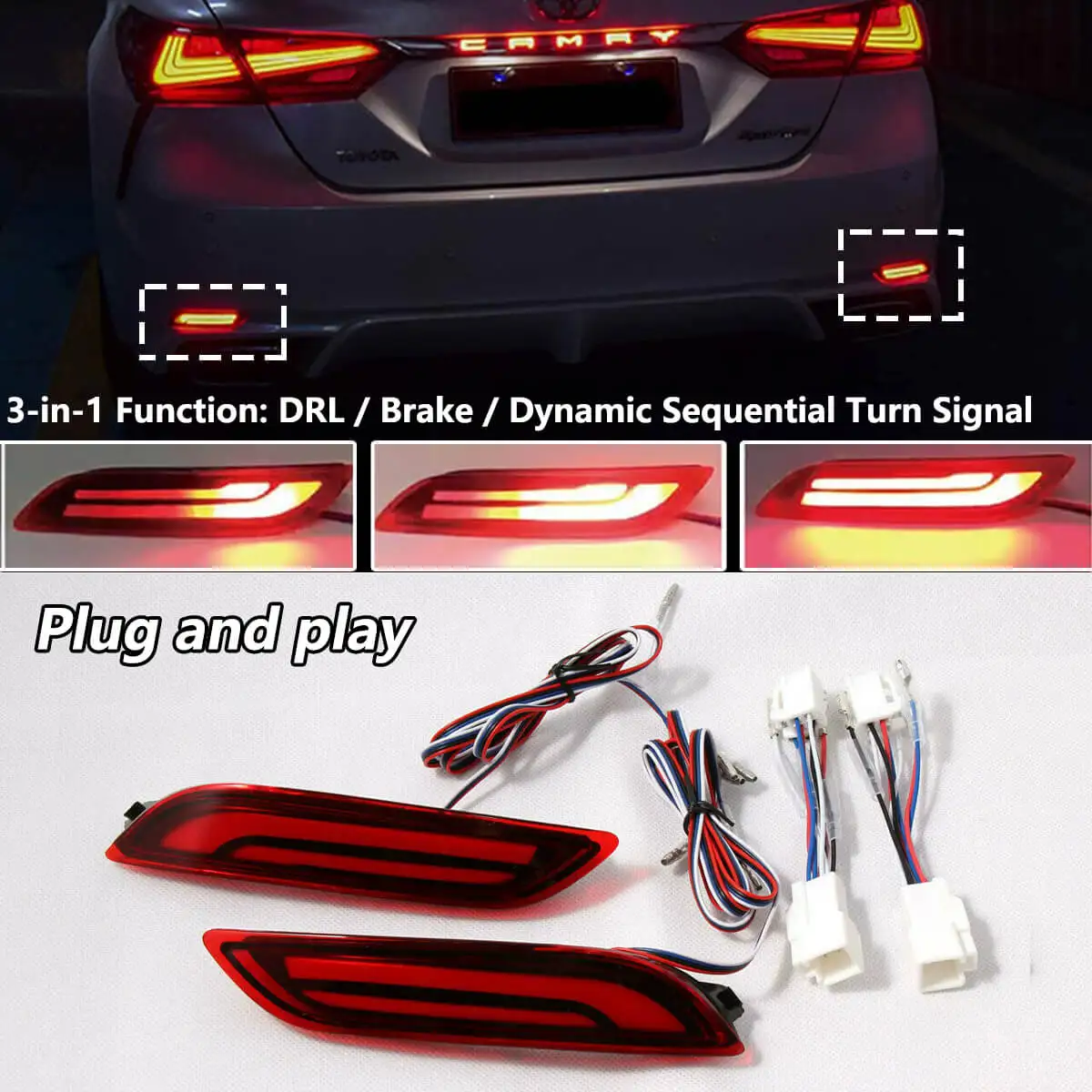 

For 2018-2020 Toyota Camry Plug and Play 3D Optic LED Bumper Reflector Light Running & Brake & Sequential Turn Signal Tail Lamps