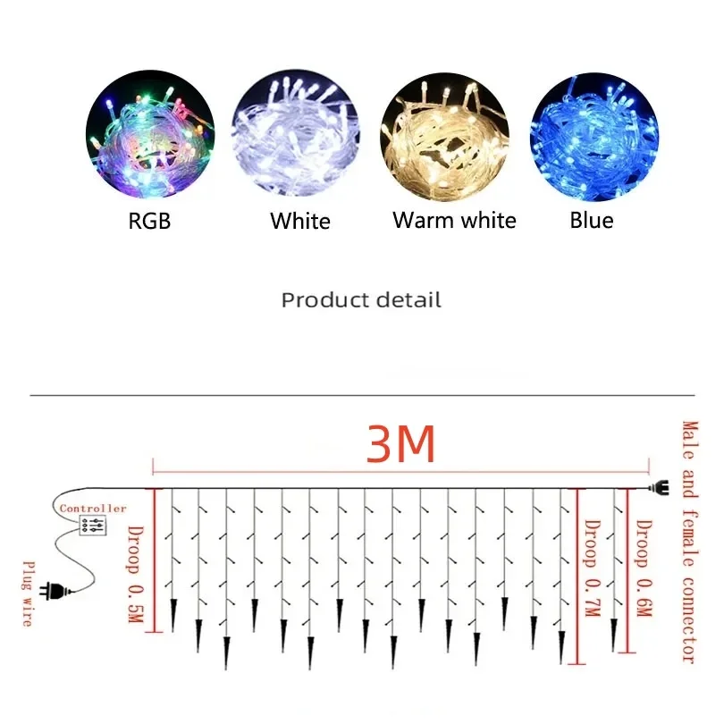 Lampu rantai es, lampu tirai Natal, lampu peri Garland Remote luar ruangan untuk Tahun Baru, pernikahan, liburan