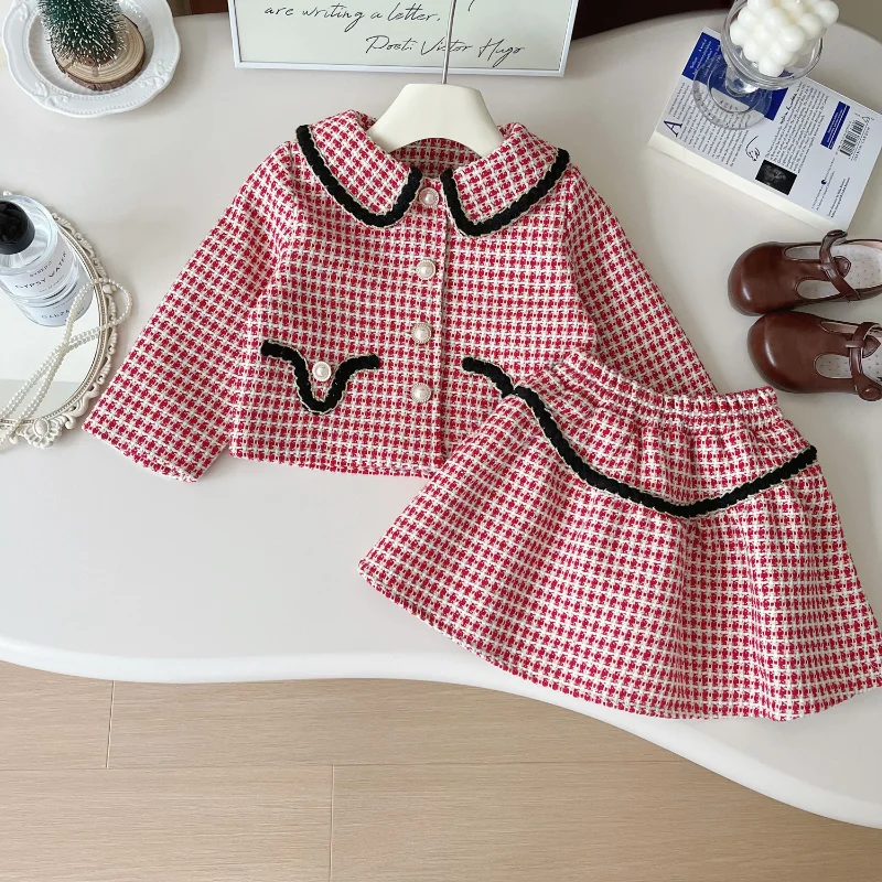 

Girls' Short Skirt Suit Autumn New Girls' Small Fragrance Style Child Lapel Coat + Temperament Short Skirt Two-piece Set 2-7y