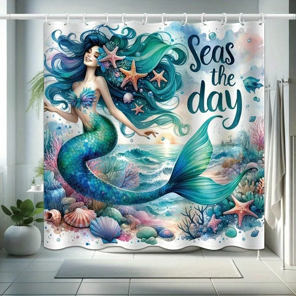 

1pc Blue Mermaid Winter Bathroom Curtain Digital Print Polyester Shower Curtain No-Hole Punch Partition Bath Curtain