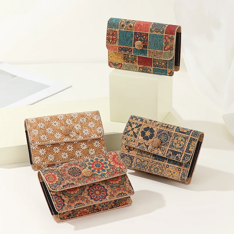 Vintage Cork Grain Organ Card Case Printed Coin Purse Women Men Retro Card Holder Mini Wallet Key Change Purses Long Clutch Bag