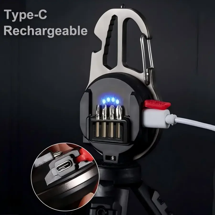 1Pc  Outdoor LED Lamp Multifunction Keyring Type-c Charging,7 Light Mode Portable lashlight with Screwdriver Bottle Opener