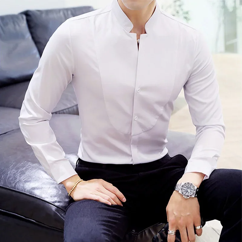 Mens Long Sleeve Shirt High Quality Stand Collar Casual Slim Solid Color Summer Fashion Men\'s Clothing Shirt Oversized Size 5XL