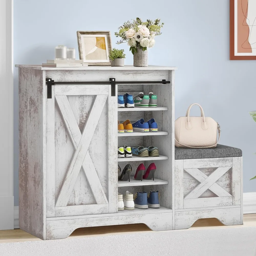 

Farmhouse Shoe Cabinet with Bench, 5-Tier Shoe Cabinet with Adjustable Shelves, Narrow Slim Shoe Cabinet with Sliding Doors