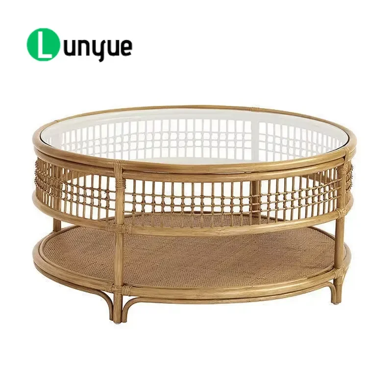 Luxury Rattan Adjustable Round Table with Glass Coasters Modern Living Room Furniture Outdoor Coffee Dining Table Durable