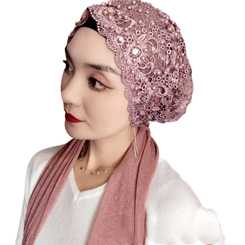 Luxury Beads Embroidery Underscarf Instant Hijab Hat Muslim Women Headscarf Bonnet Shawls Wrap Turban Islam Wedding Party Caps