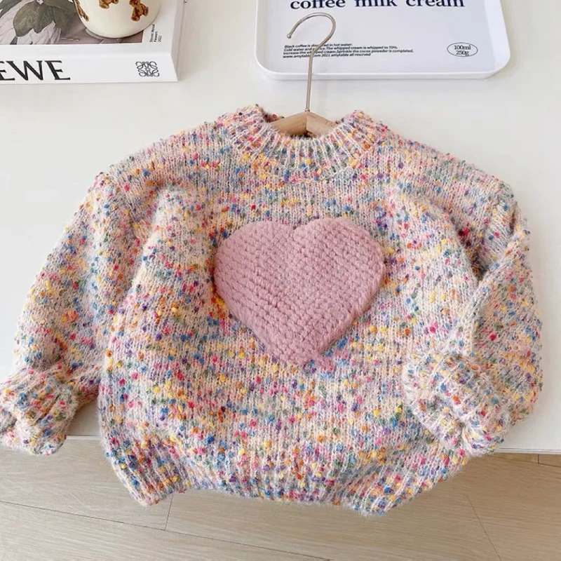 HoneyCherry Spring and Autumn Girl's Three-dimensional Love Heart Colourful Knitted Sweater Kids Clothes Girls