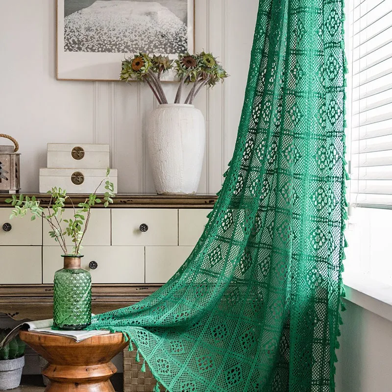 American Style Dark Green Vintage Hollowing Crochet Patchwork Window Curtain Blackout Drapes for Living Room Study Curtain
