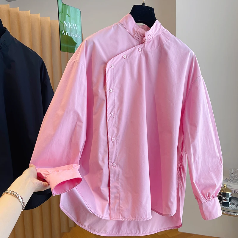 Women Spring Autumn Blouses Shirts Lady Casual Long Sleeve Stand Collar Solid Color Unique Niche Design Tops