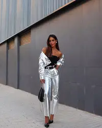 Chic Silvery Women's Pants Set Fashion Lapel Single Breasted Crop Jacket Straight Trousers Suit 2023 Autumn Lady Elegant Outfit