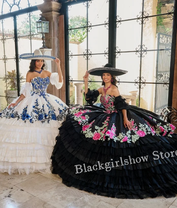 Mexican Princess Prom Dresses Quinceanera Dresses Black Sweetheart Sheath Floral Embroidery Pleated Corset Poncho Sweet 16 Dress