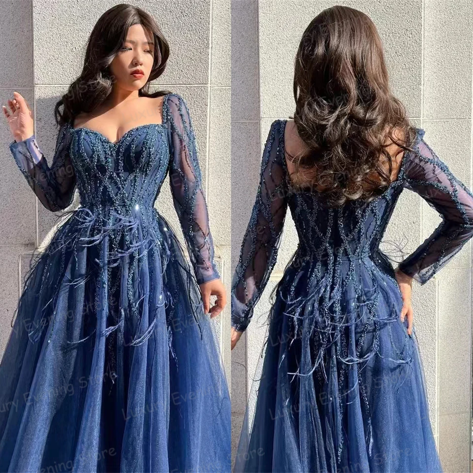 Vintage Feathers Evening Dresses Woman\'s A Line Sexy Split Prom Gowns Appliques Elegant Long Sleeve Fashion Vestidos Customized