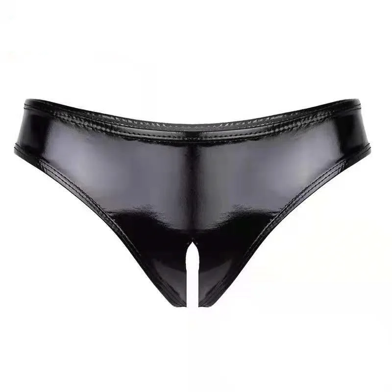 

Black sexy women's bright PVC Patent Leather Open Crotch triangular fun shorts Sexy lingering