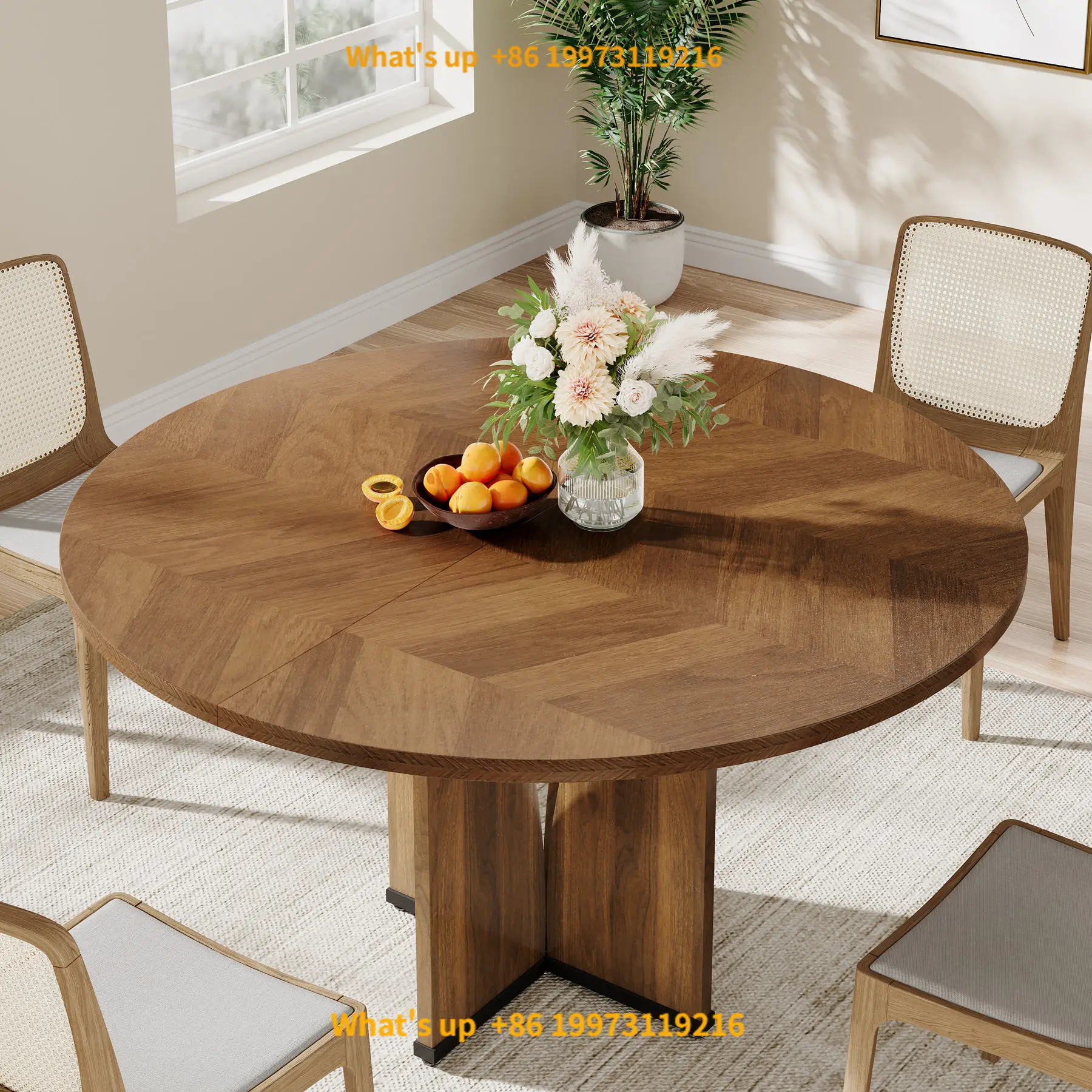 2026 Luxurious countryside style circular wooden dining table, providing a comfortable dining experience