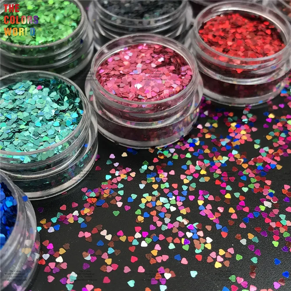 TCT-889 holográfica con purpurina de corazón para uñas, Paillettes de tamaño de 1MM para el cabello, dijes de esmalte de belleza, decoraciones de