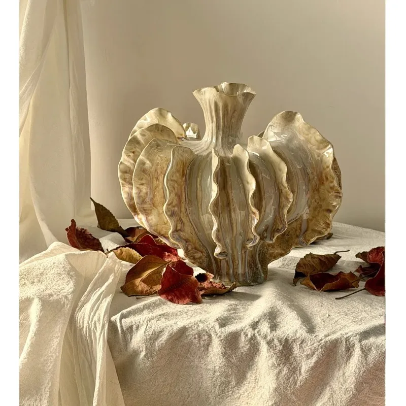 Wabi Sabi Style Ceramic Vase Handmade Creative Geometric Irregular Edge Home Decor for Living Room Bedroom Study Desk