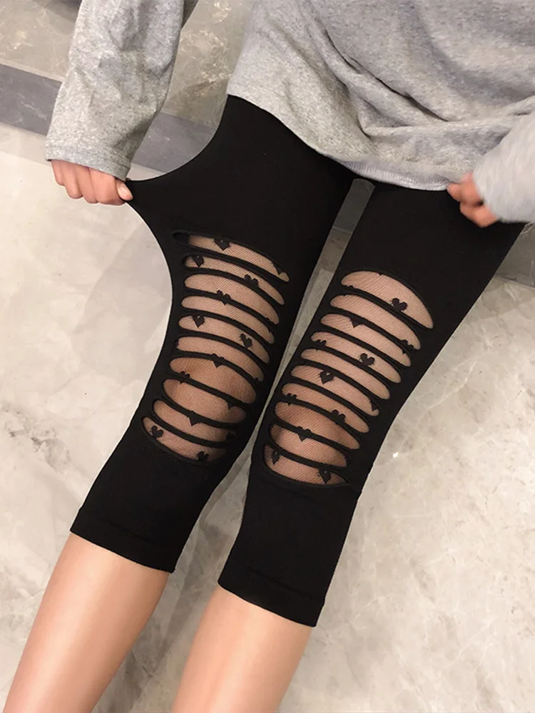 Fitness Leggins Summer Leggings Black Mesh Lace Women Jeggings Fashion Hollow Love Star Bowknot Elastic Sports Gym Lady Capri