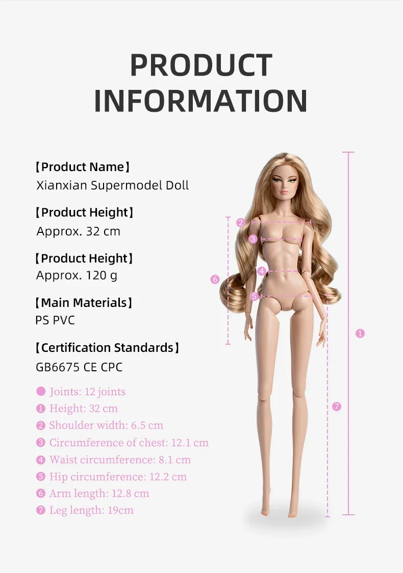 Xianxian New Supermodel doll / 32cm High doll with light normal Skin blue green eyes / 12 Joint Movable Body + Head / 1/6 doll view 2