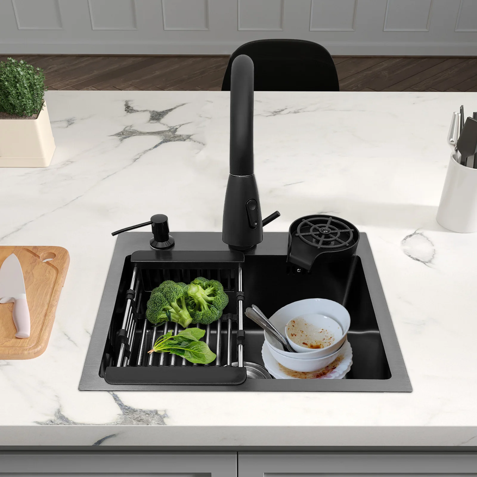 Ensemble d'évier de cuisine 45 × 40cm avec robinet extractible, distributeur de savon, évier de cuisine en acier inoxydable 201