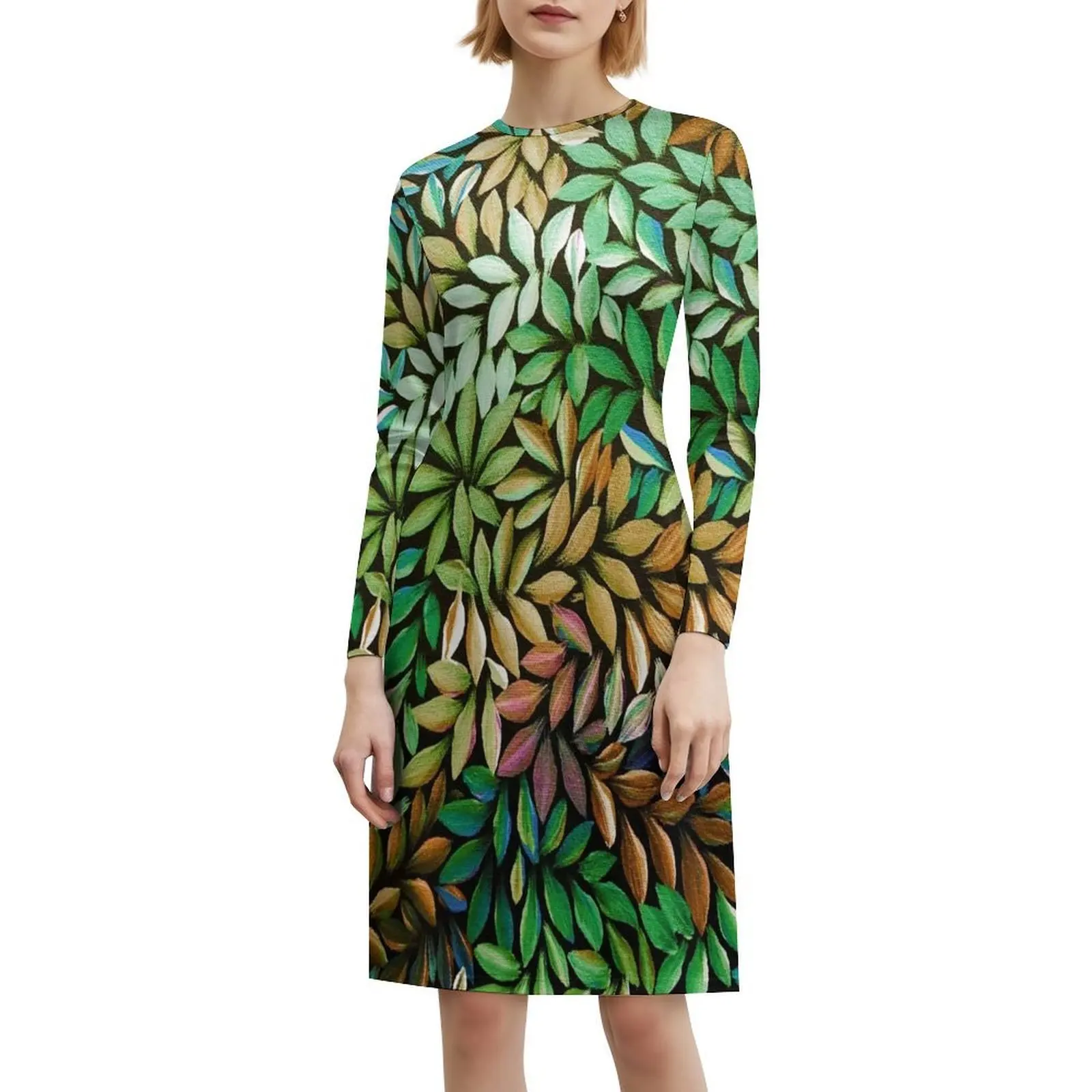 فن السكان الأصليين الأسترالي يترك فستان كاجوال على الطراز الكوري الأخضر للنساء فساتين مكتب يومية بسيطة للسيدات فن السكان الأصليين #6