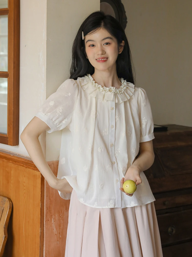 

Nesoulum ort Sve Embroidered Pure Cotton Loose Fit irt Women Summer Vintage Sle Bubble Sve Casual Top