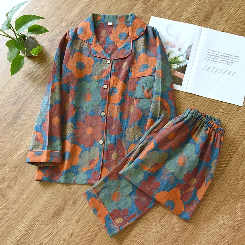 2024 Spring and Autumn New Women\'s Pajama Set 100% Cotton Flower Minimalist Long Sleeve Pants Two Piece Home Furnishing Set