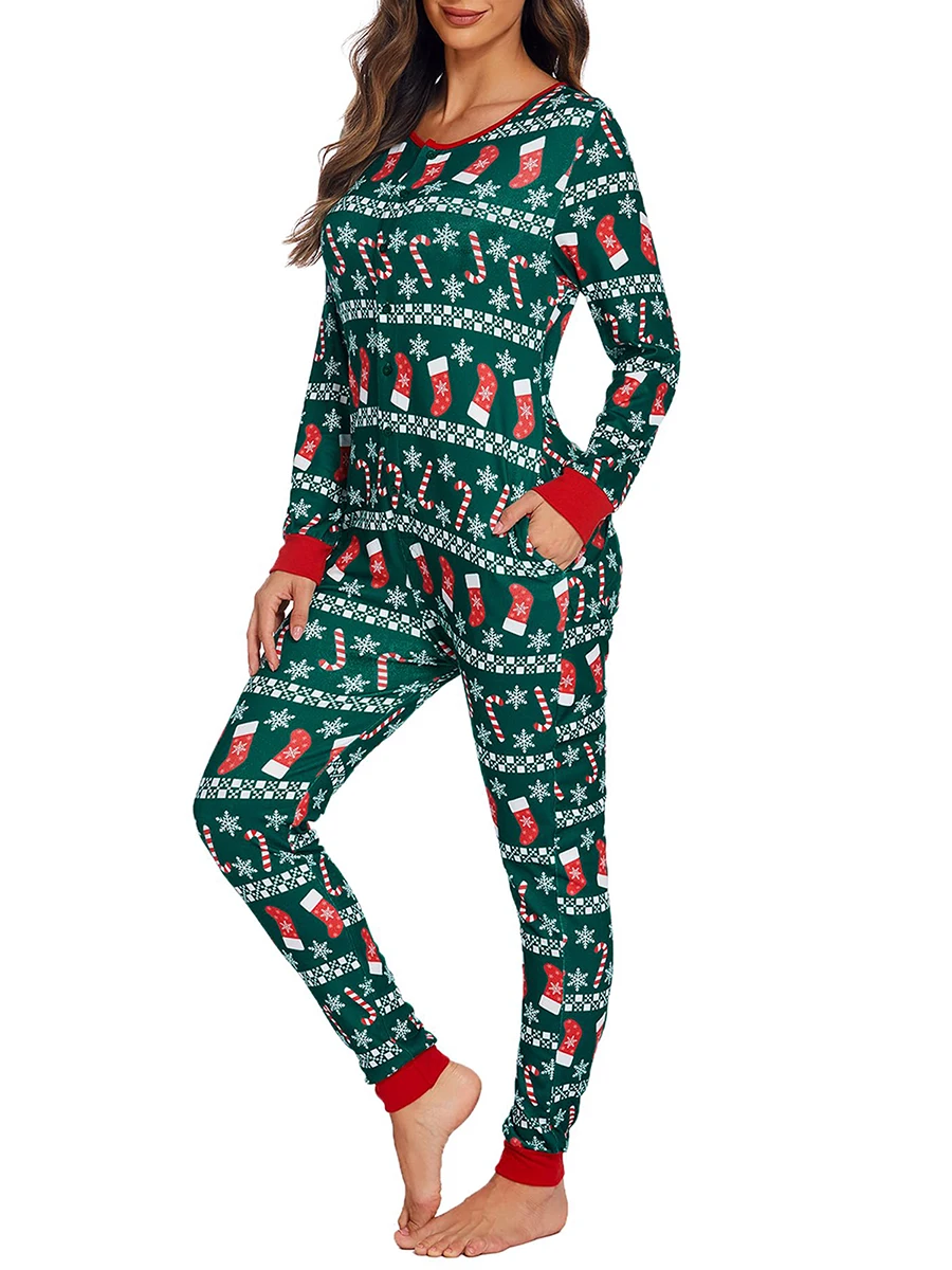 ZIYIXIN Women s Christmas Pajamas Long Sleeve V-Neck Printed Romper Loose Detachable Crotch Elastic Christmas Jumpsuits