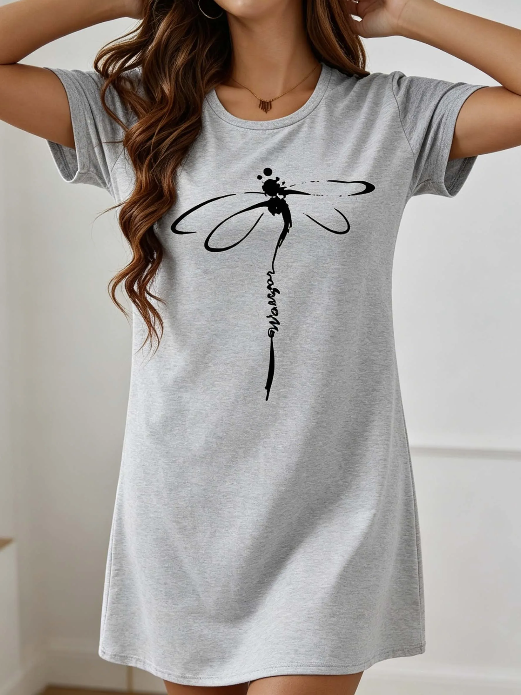 Lässiges Kurzarm-Nachthemd mit Libellen-Print für Damen, Modische Sommer-Heimkleidung, Auch für Draußen Tragbar – Detail 4