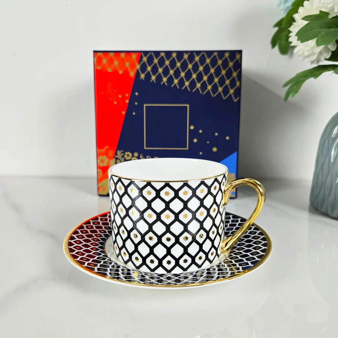 

Colorful Star Bone China Gold Plated Afternoon Tea Coffee Cup and Saucer Set for Hotel Restaurant Tea Time Service Cups and Mugs