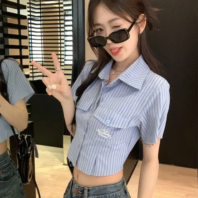 Fashion Striped Ladies Short Sleeve Tops Summer Preppy Style Trend Blouses Slim All-match 2024 New Shirts Women\'s Clothing