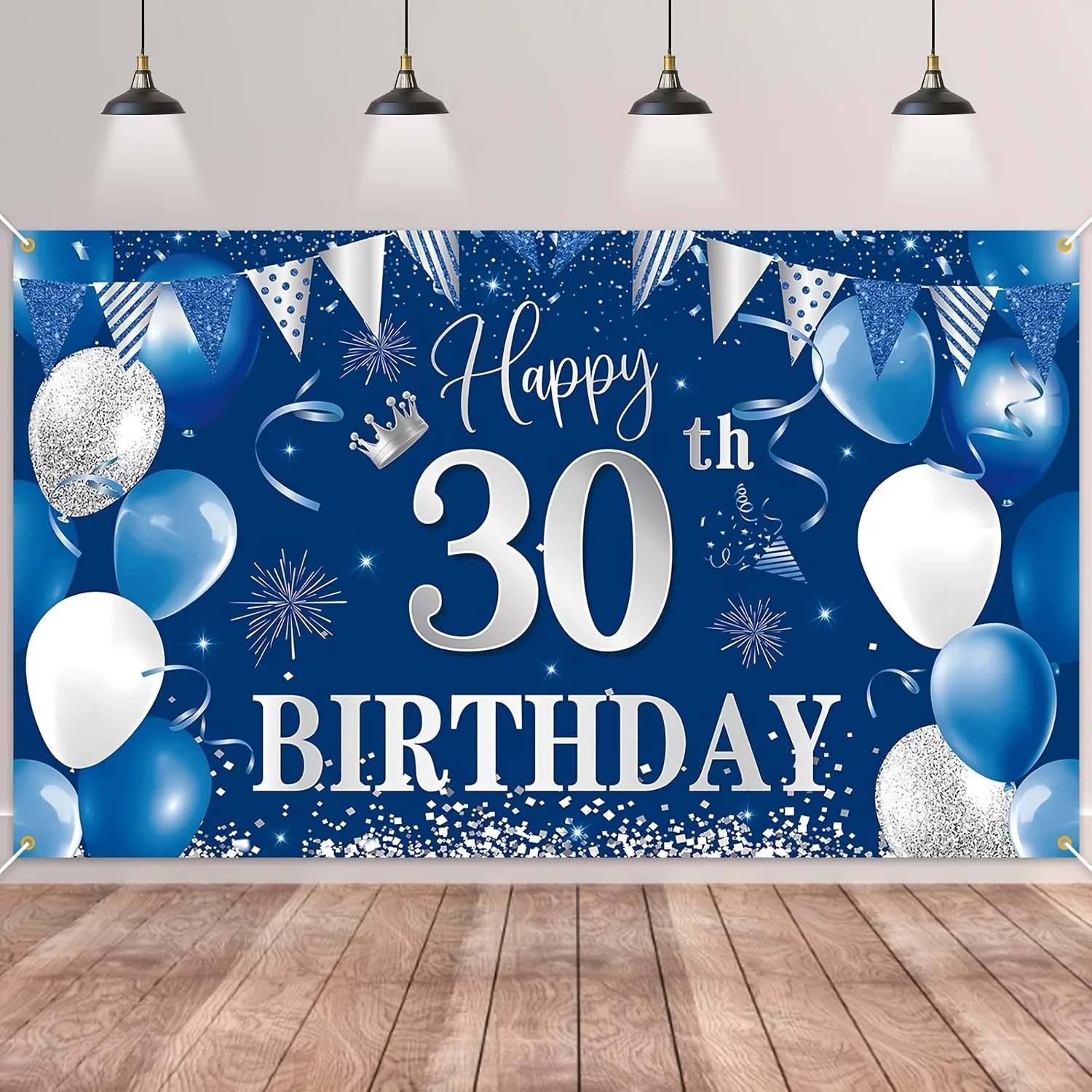 Alles Gute zum 30. Geburtstag Bannerhintergrund, himmelblauer und silberner Stoff, universelle Feiertagsdekoration, Party-Fotohintergrund