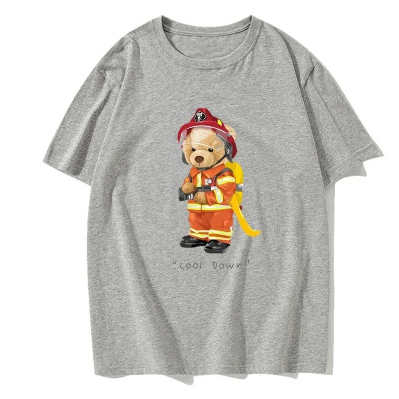 Firefighter Teddy Bear Cool Letter Pattern T-shirt Creative Unisex Street Clothing Top Summer Men\'s Clothing Fashion T-shirt