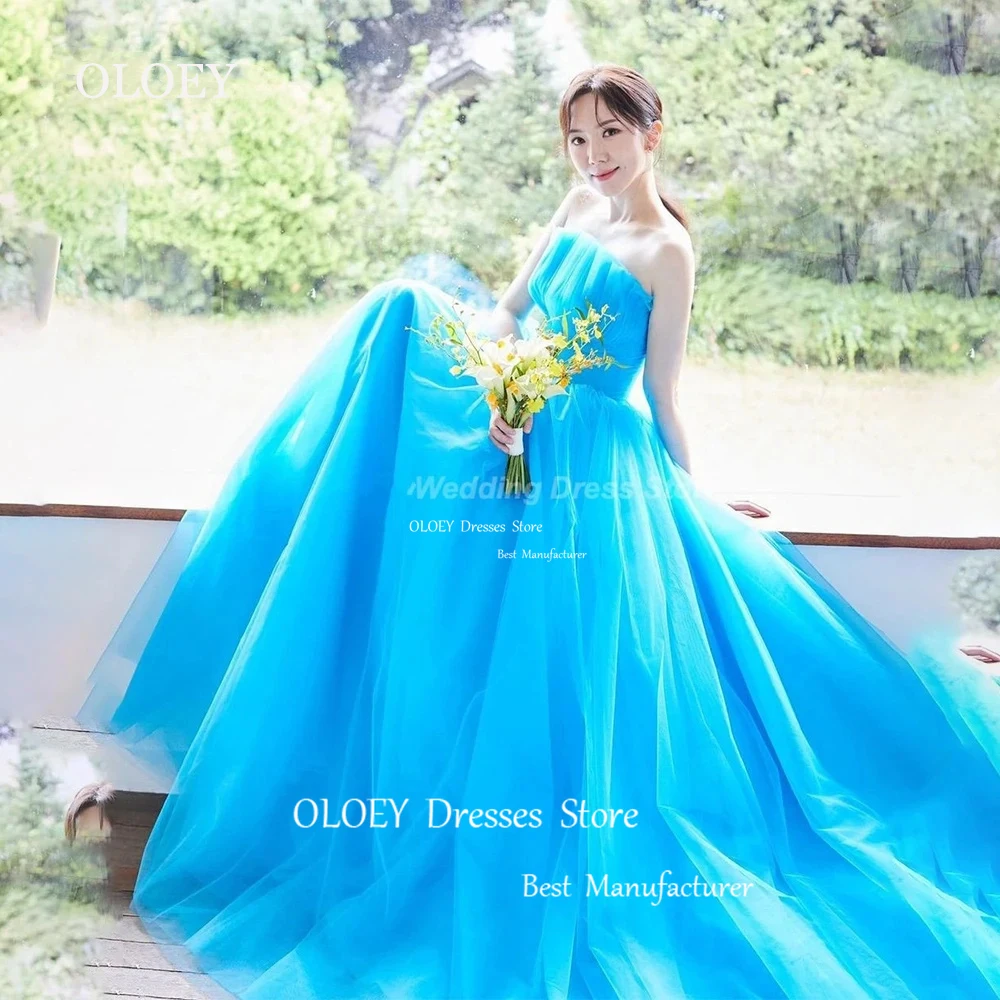 OLOEY Simple Blue Korea Wedding Party Dress Photoshoot Strapless A Line Bridal Gown Sleeveless Floor Length Wedding Dress Custom