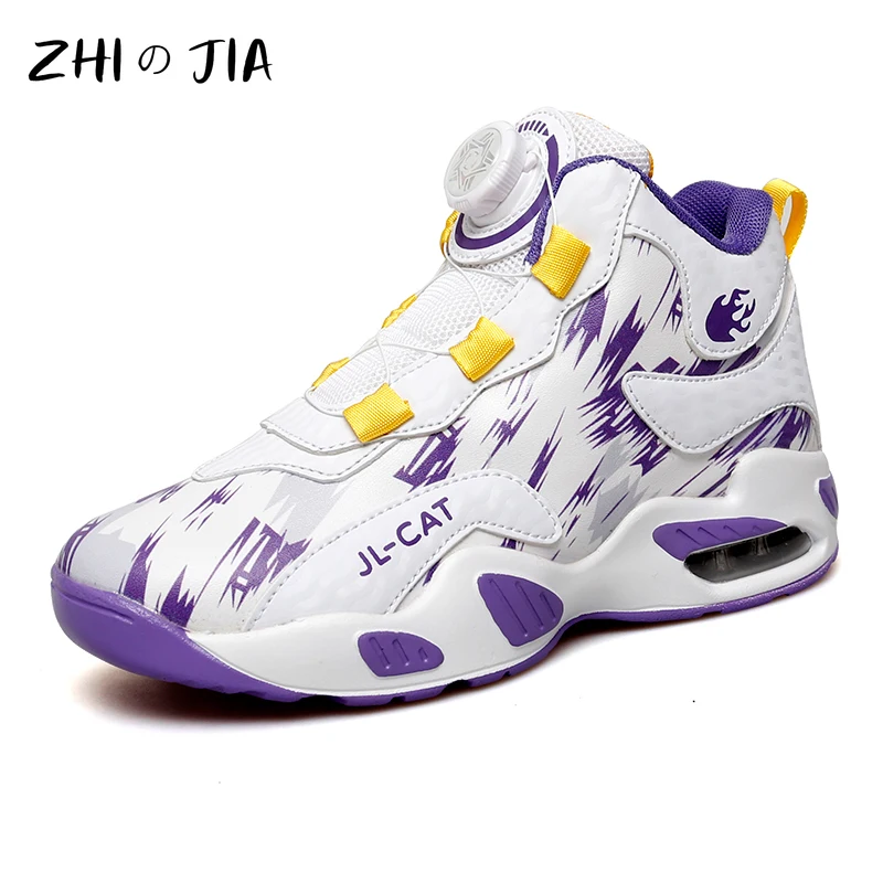 Children's Rotating Buckle Leather High Top Basketball Shoes Students Outdoor Sneaker Boys Girls Air Cushioned Running Footwear