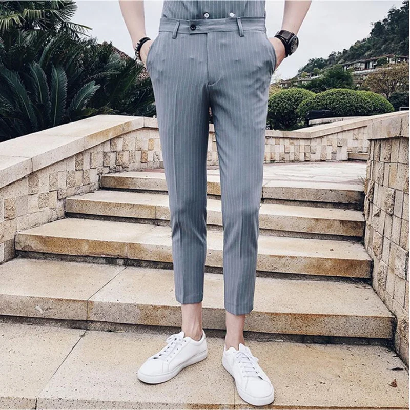 2023 Men Stripe Pants Slim Fit Midwaist Trousers Classic Vintage Check Suit Male Wedding Pants Men Business Formal Trousers 35