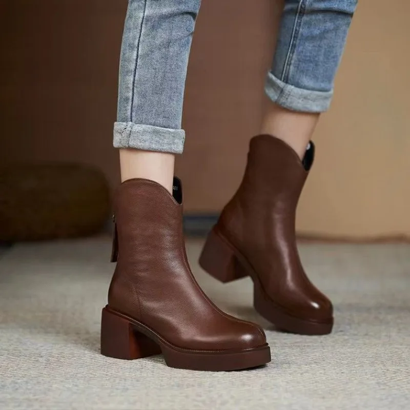 Women's Shoes Chelsea Boots Woman Winter 2025 Cute Trend Elastic Half Promotion Genuine Leather On Offer With High Quality New