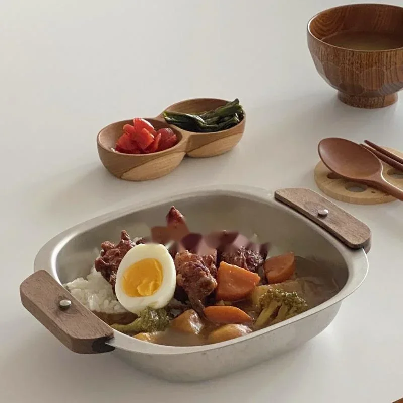 Solid Wood Handle Stainless Steel Ramen Bowl Household Anti-Hot Soup Bowl for Children's Rice Bowl Tableware