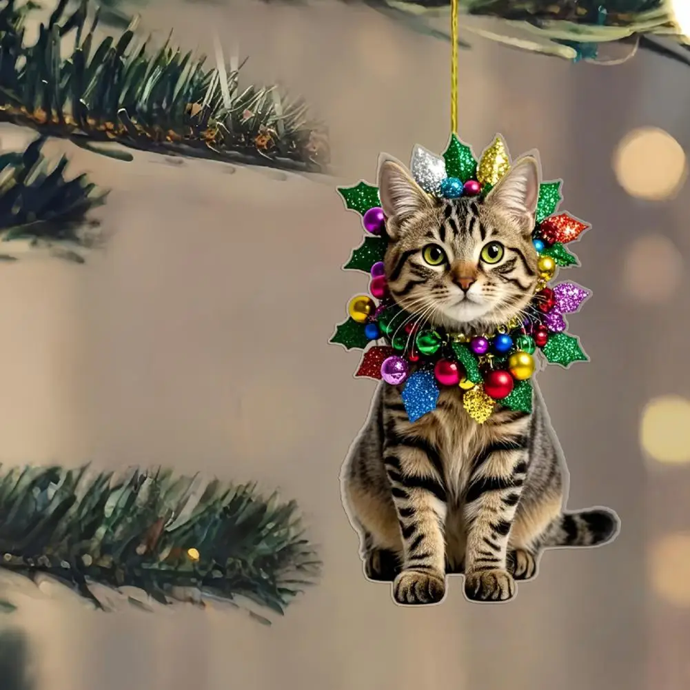 Cat Wreath Ornament Feline Tree Decoration Cute Cat Car Mirror Charm Acrylic Kitten Christmas Ornament Handcrafted for Home