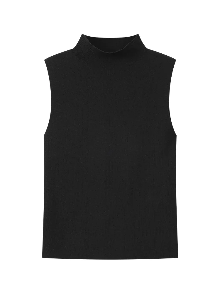 Womens Black Lyocell Knit Tank Top Summer Sleeveless Half Turtleneck Slim Fit Office Commuter Basic Ribbed Vest for Daily Wear