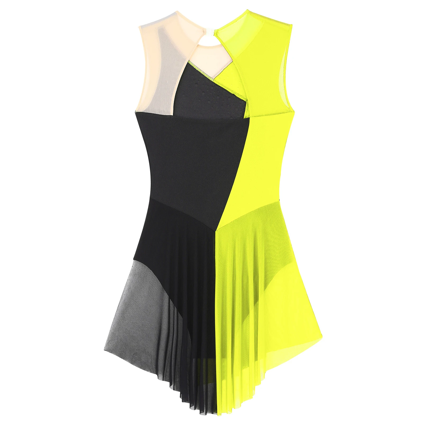 Womens Figure Skating Leotard Dress Shiny Rhinestones Color Block Mesh Patchwork for Ballet Lyrical Dance Gymnastics Dancewear