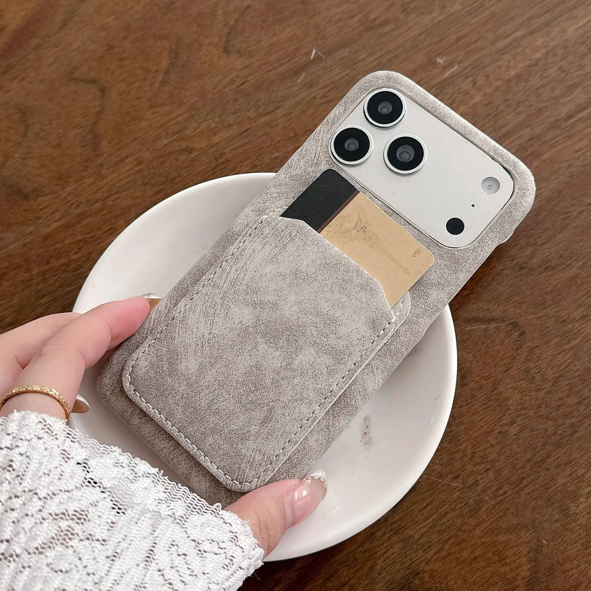 Retro Card Holder Slot Faux Leather Suede Case For iPhone 17 Air 16 15 14 13 12 11 Pro Max Plus Matte Frameless Bumper Cover view 2