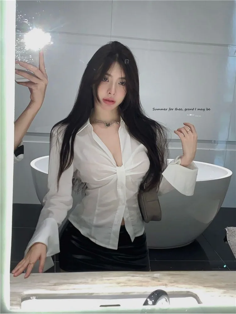 Sexy V-neck White Blouses Women Hotsweet Flare Sleeve Korean Fashion Slim Shirts Crop Transparent Tops Chic Aesthetic